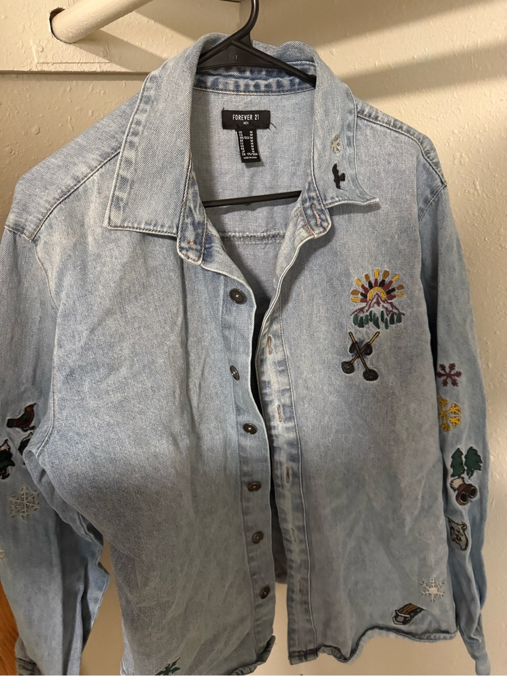 Forever 21 Light Blue Embroidered Denim Button-Down Shirt